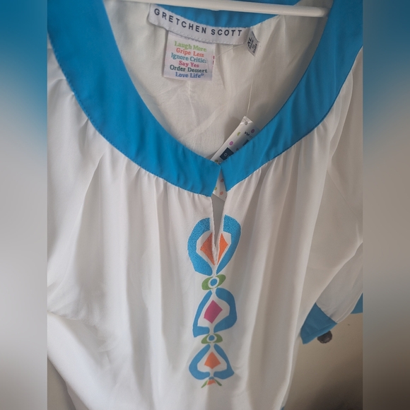 Gretchen Scott Sz XL Embroidered Tunic Dress White Blue Polyester Swim Pullover - Picture 4 of 9